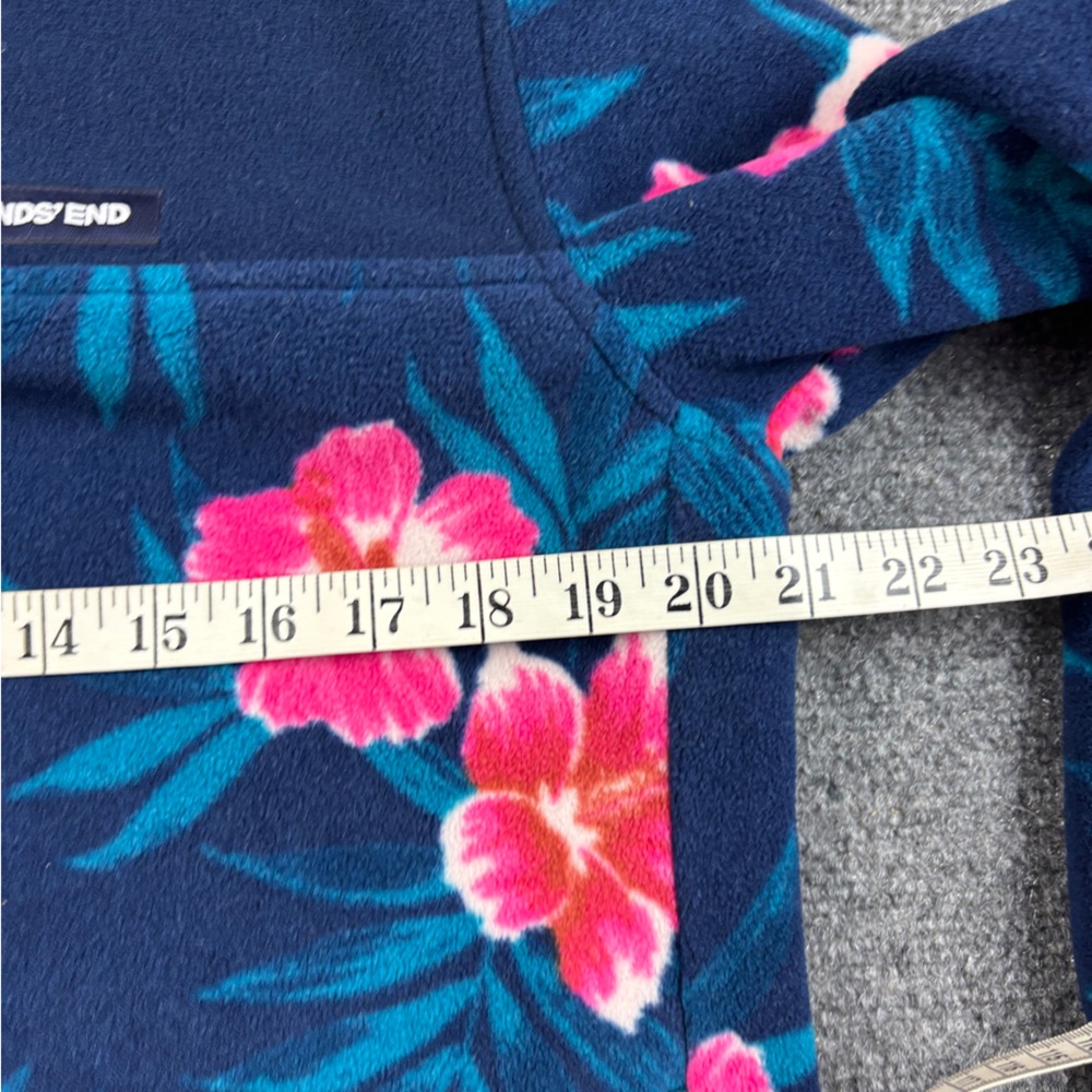 LANDS END Girls Heritage Fleece Snap Neck Sweatshirt Blue/Pink Floral Hibiscus M - Picture 7 of 7